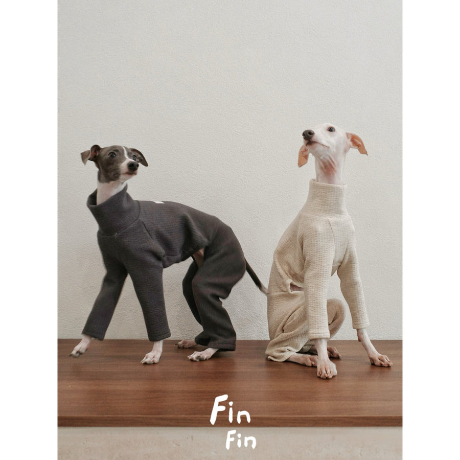 Two dogs wearing gray and cream turtleneck bodysuits.