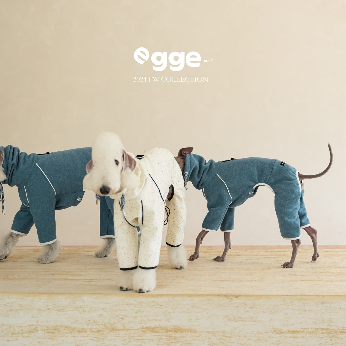 Dogs modeling blue and cream fleece bodysuits.