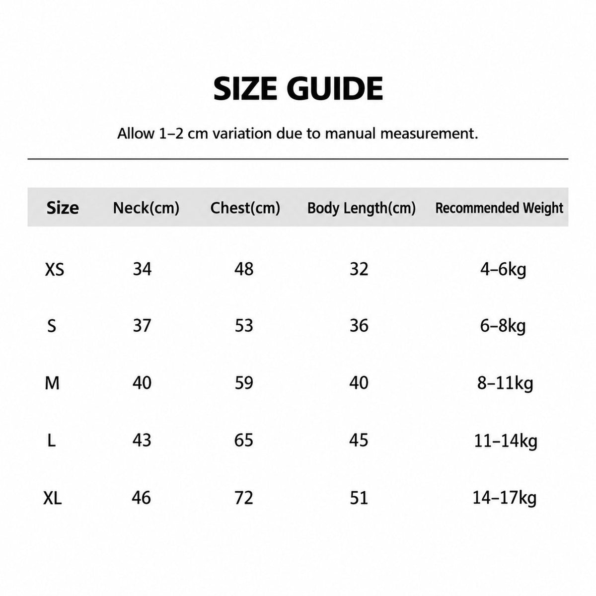 Dog varsity sweatshirt size chart.