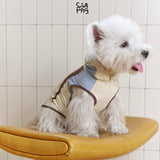 White terrier wearing a cream hooded shirt with blue and brown panels.