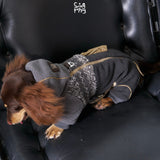 Overhead view of a charcoal fleece bodysuit on a long-haired dachshund.