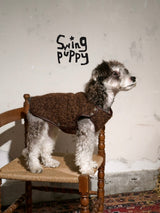 Schnauzer wearing a brown textured sleeveless vest on a wooden chair.