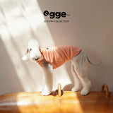 Dog wearing an orange high-neck tank top in sunlight.