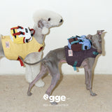 Two dogs wearing yellow and purple harness vests with small backpacks.
