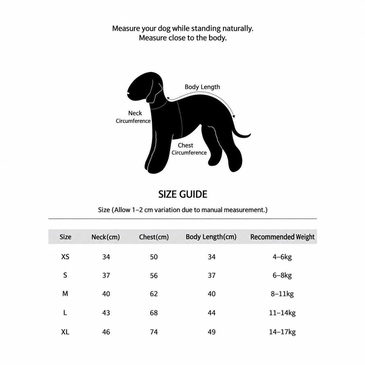 Dog zip-up hoodie size chart with a body measurement diagram.