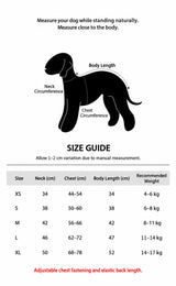 Egge dog clothing size guide for XS to XL with neck, chest, body length and recommended weight.