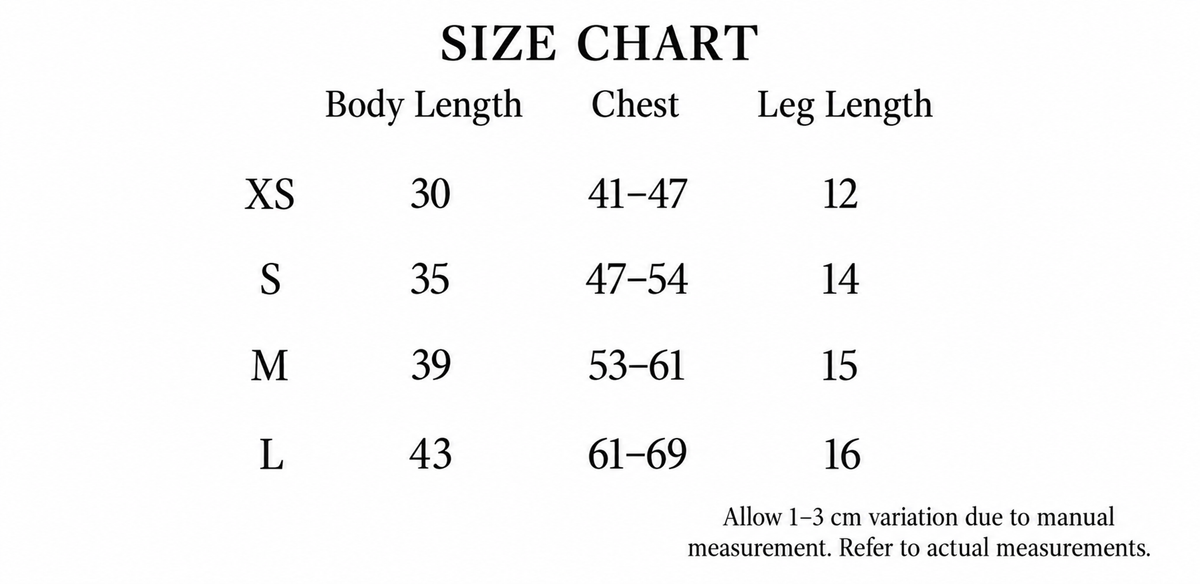 FinFin size chart and measurement reference for dog adjustable utility overalls.