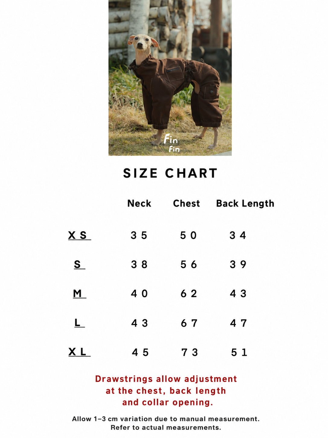 FinFin size chart and measurement reference for dog contrast stitch utility bodysuit.