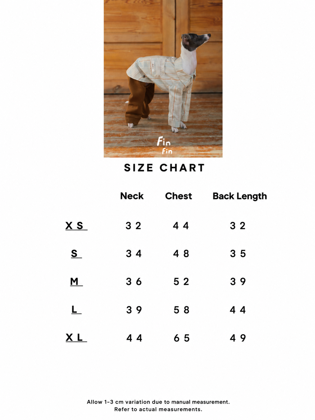FinFin size chart and measurement reference for dog striped pajamas.