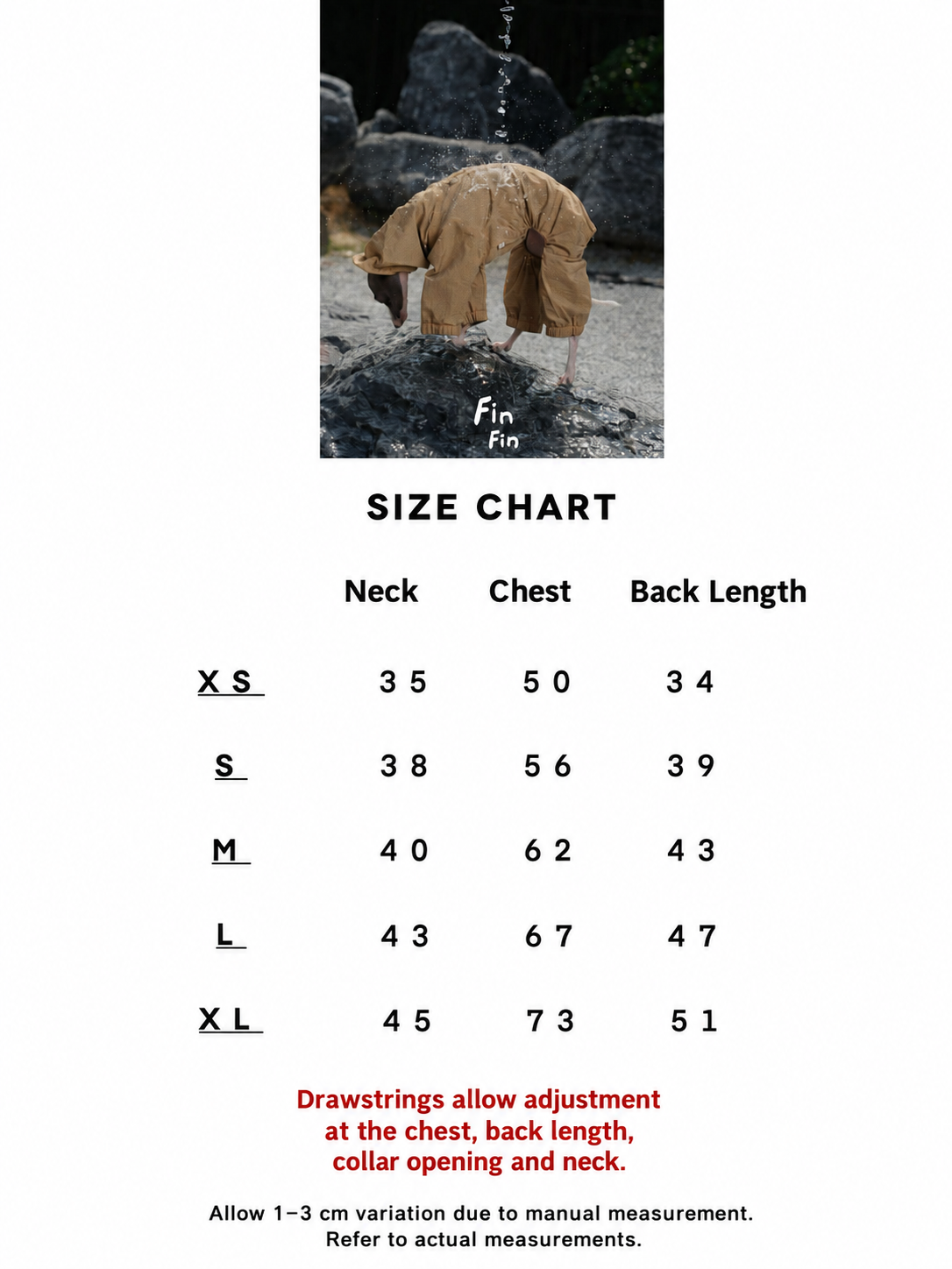 FinFin size chart and measurement reference for dog mountain reversible outdoor bodysuit.