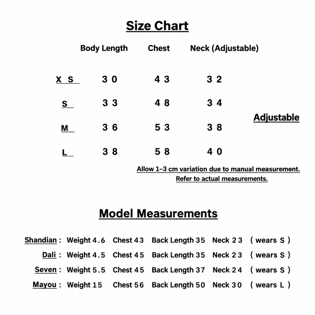 FinFin size chart and measurement reference for dog detachable sleeve cotton jacket.