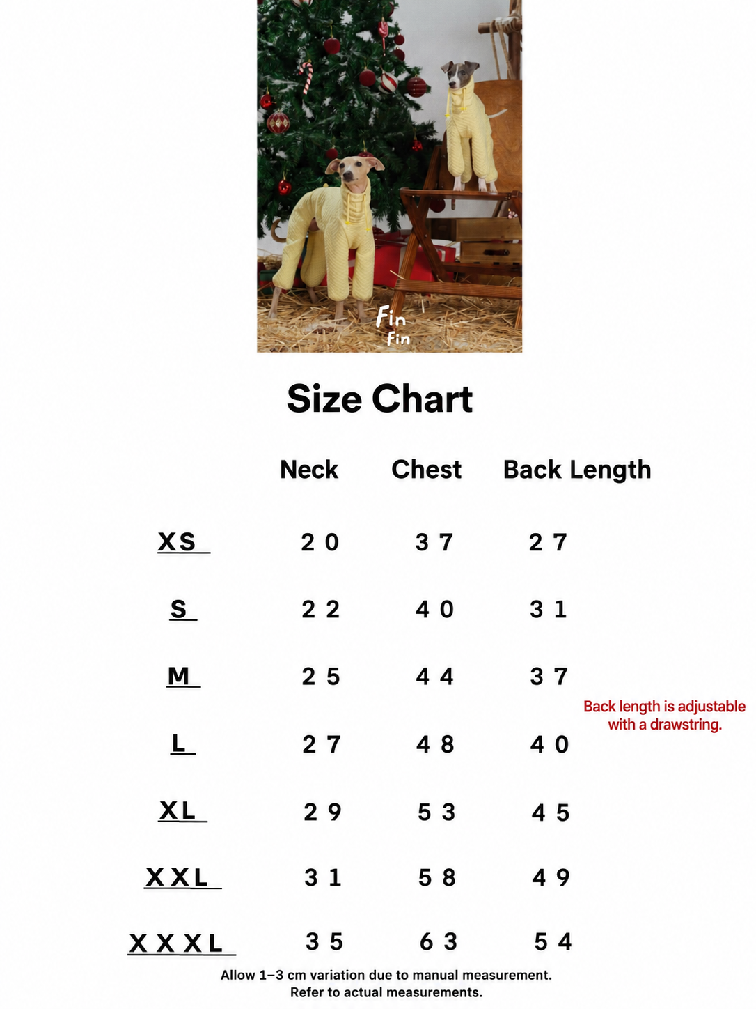 FinFin size chart and measurement reference for dog diamond pattern bodysuit.