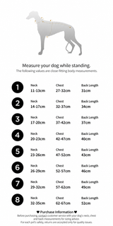 Oncleanday size chart and measurement reference for dog colorblock padded vest.