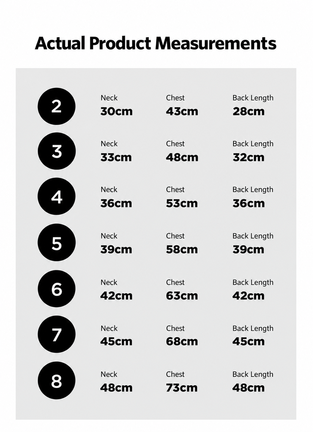Oncleanday size chart and measurement reference for dog standing collar short trench coat.