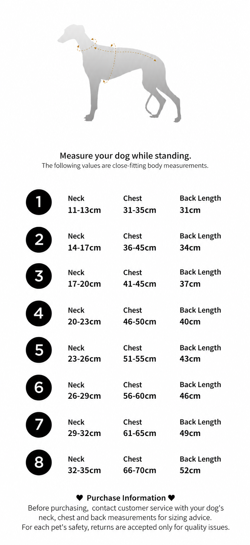 Oncleanday size chart and measurement reference for dog warm base layer.