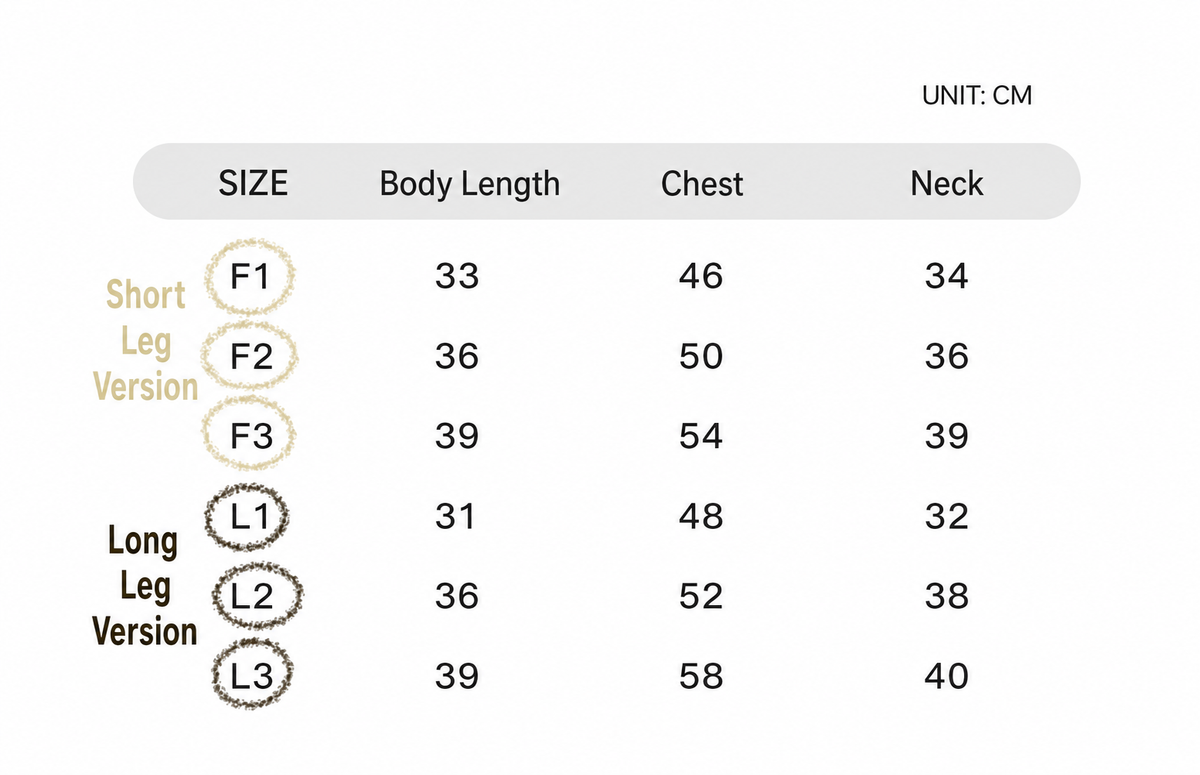 Swingpuppy size chart and measurement reference for dog wanderwild detachable outdoor bodysuit.