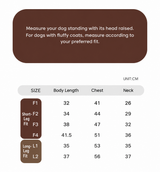 Swingpuppy size chart and measurement reference for dog cloudlull fleece colorblock bodysuit.