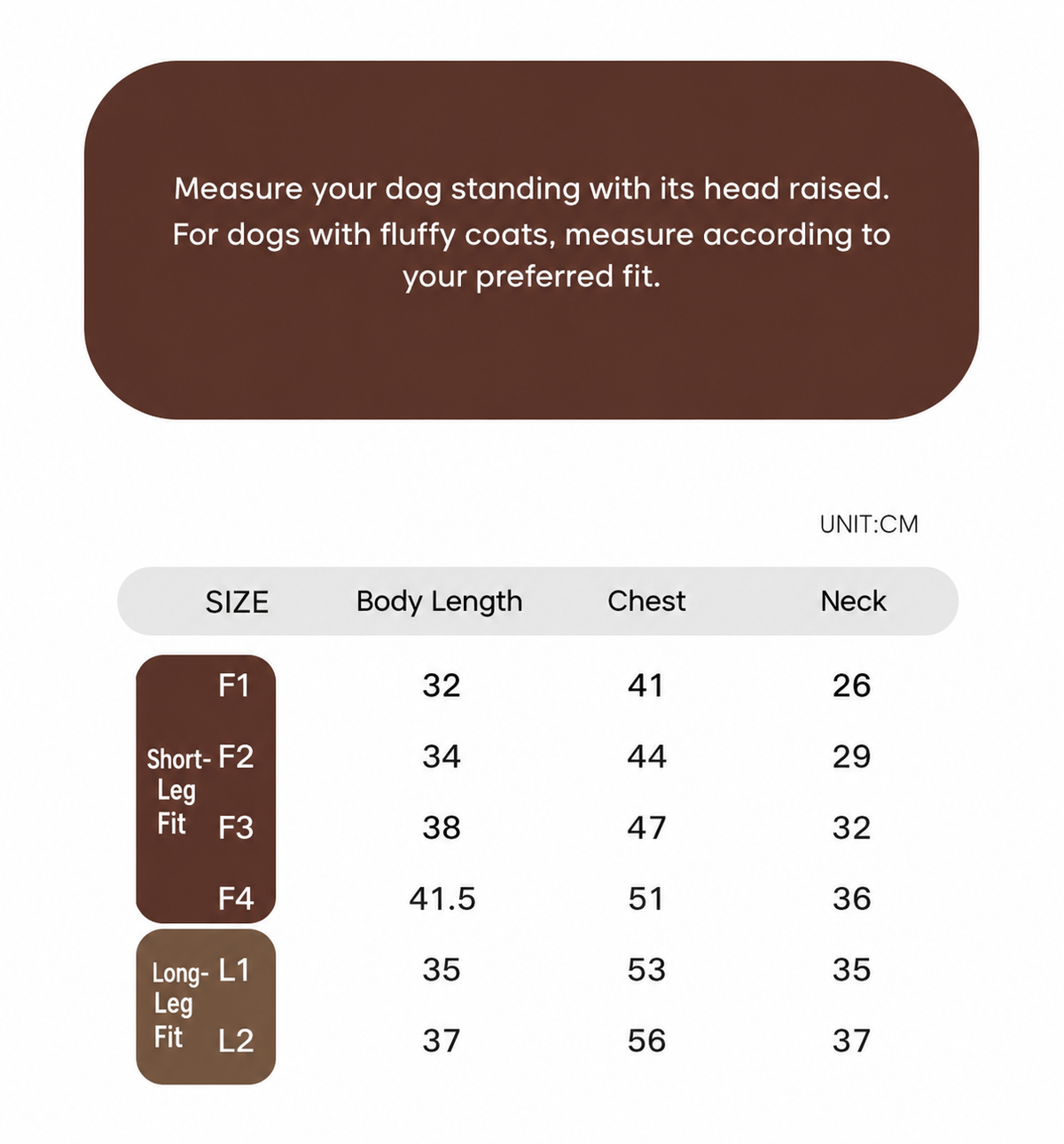 Swingpuppy size chart and measurement reference for dog cloudlull fleece colorblock bodysuit.