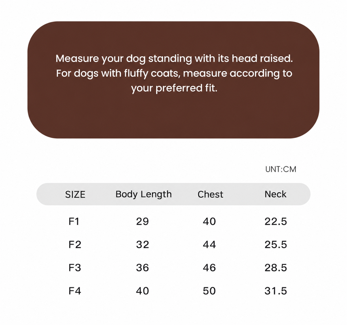 Swingpuppy size chart and measurement reference for dog cloudlull warm base layer.