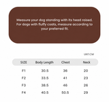 Swingpuppy size chart and measurement reference for dog cloudlull sleeveless bodysuit.