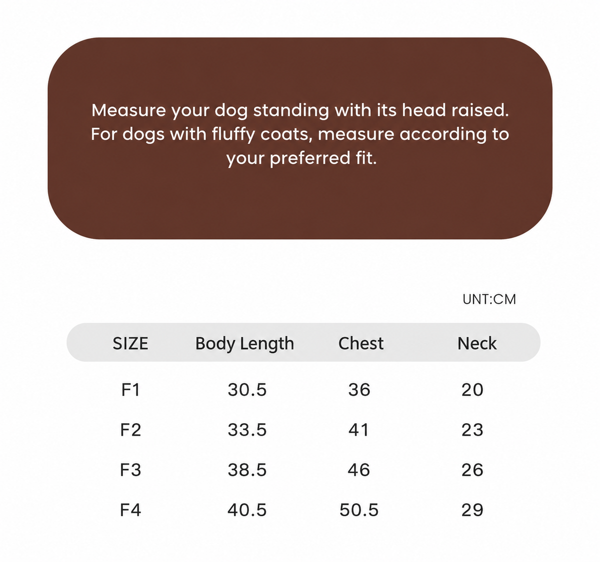 Swingpuppy size chart and measurement reference for dog cloudlull sleeveless bodysuit.
