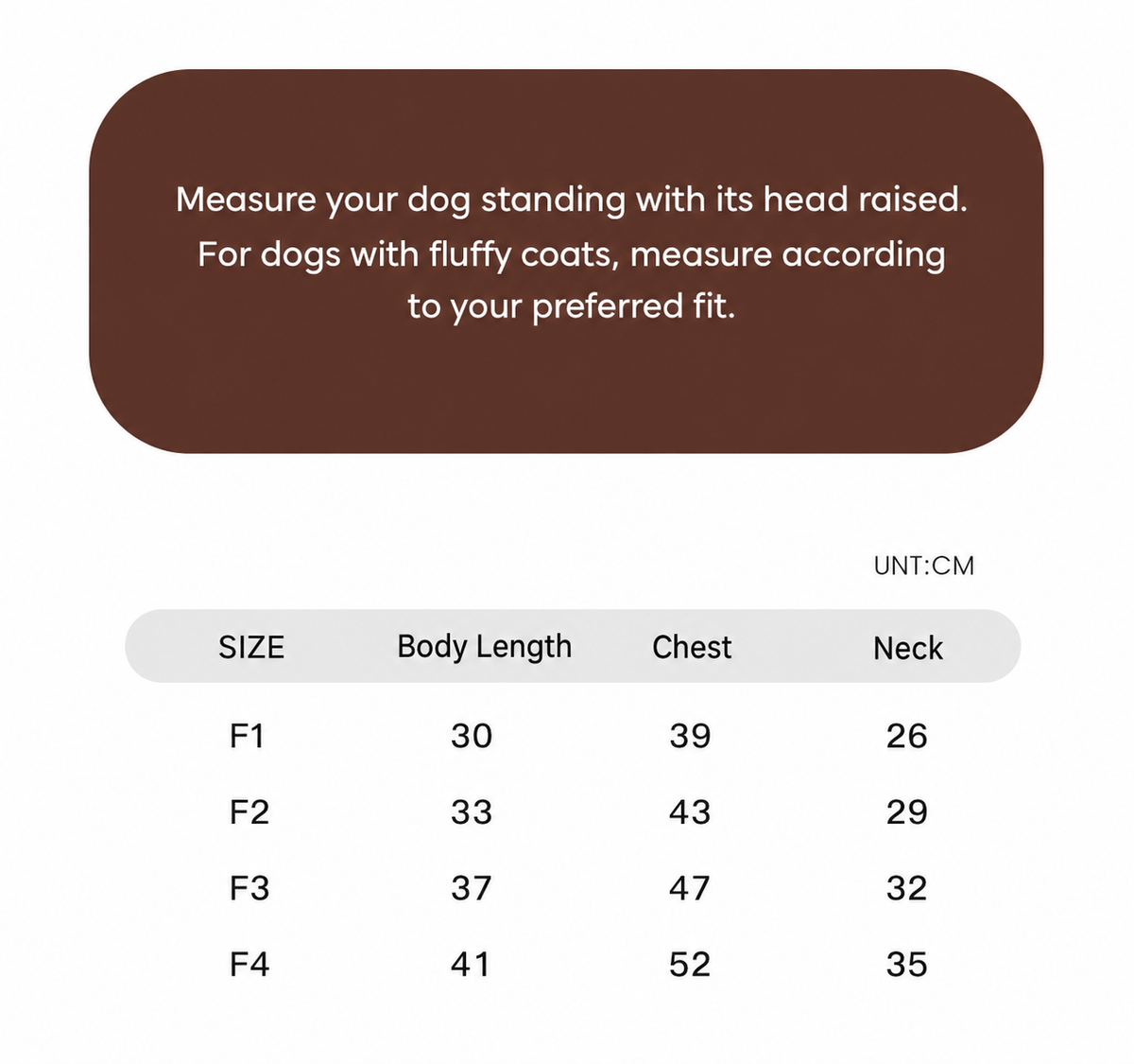 Swingpuppy size chart and measurement reference for dog cloudlull colorblock base layer.
