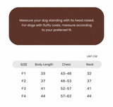 Swingpuppy size chart and measurement reference for dog oldtown echo wool fleece cape.