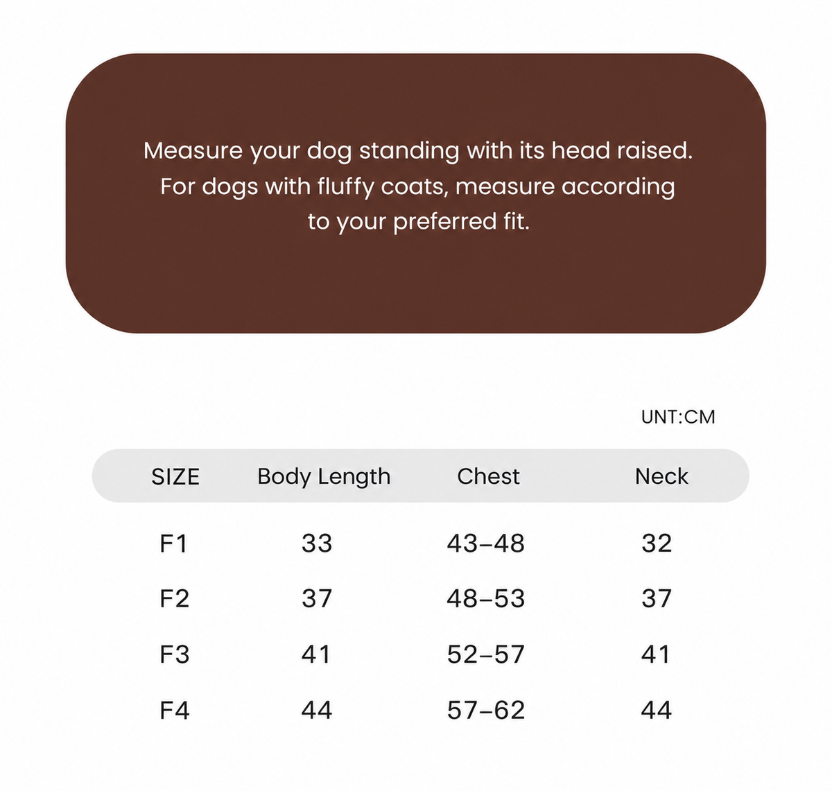 Swingpuppy size chart and measurement reference for dog oldtown echo wool fleece cape.