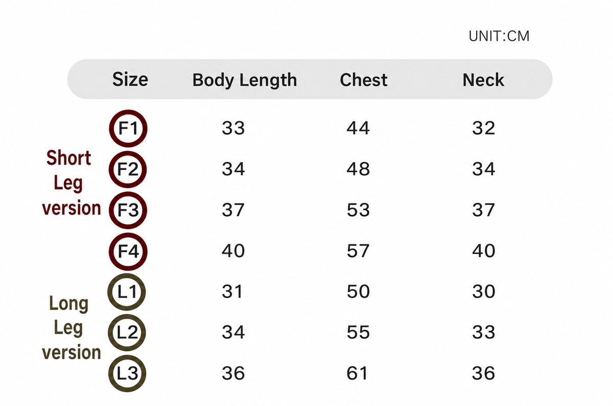 Swingpuppy size chart and measurement reference for dog snowverse down bodysuit.