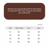 Swingpuppy size chart and measurement reference for dog wanderwild colorblock padded vest.