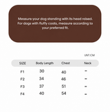 Swingpuppy size chart and measurement reference for dog wanderwild adjustable overalls.