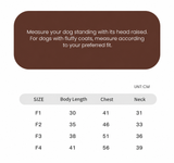 Swingpuppy size chart and measurement reference for dog wanderwild cooling jumpsuit.