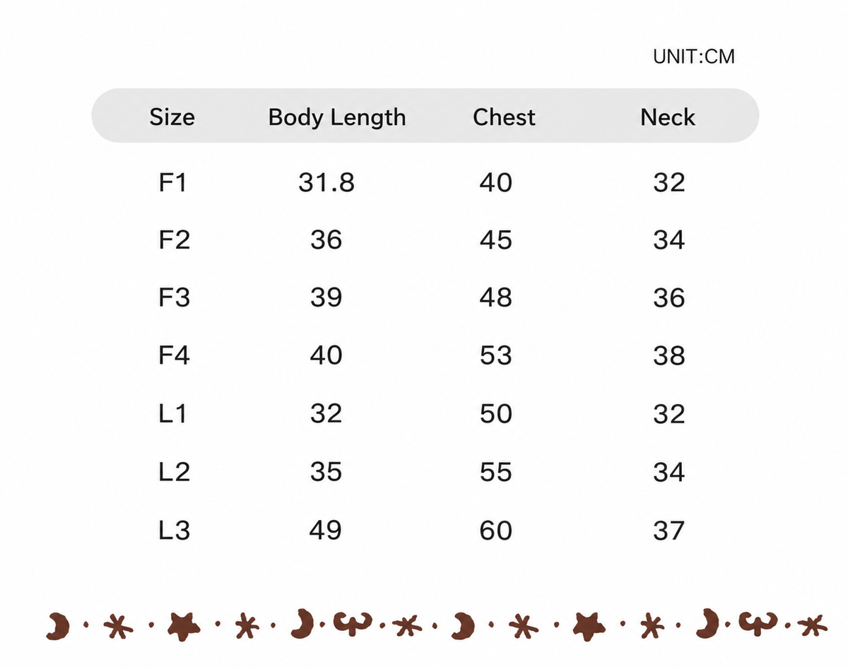 Swingpuppy size chart and measurement reference for dog wanderwild fleece bodysuit.