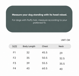 Swingpuppy size chart and measurement reference for dog embroidered lightweight outdoor vest.