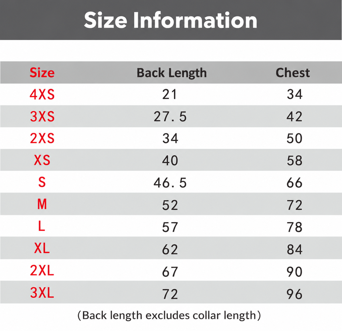 Taorae size chart and measurement reference for dog holiday hoodie.