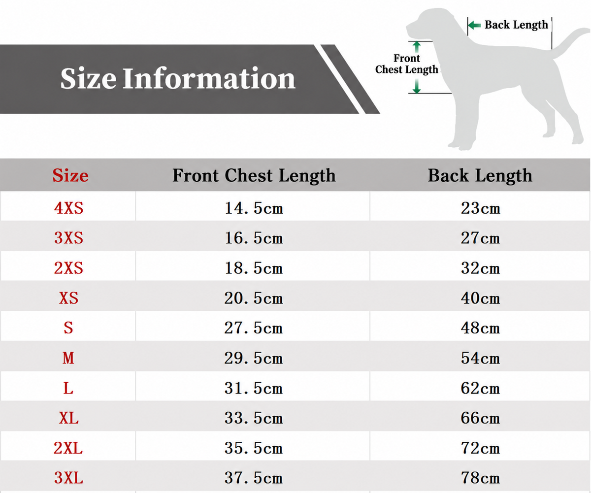 Taorae size chart and measurement reference for dog british style warm cape.