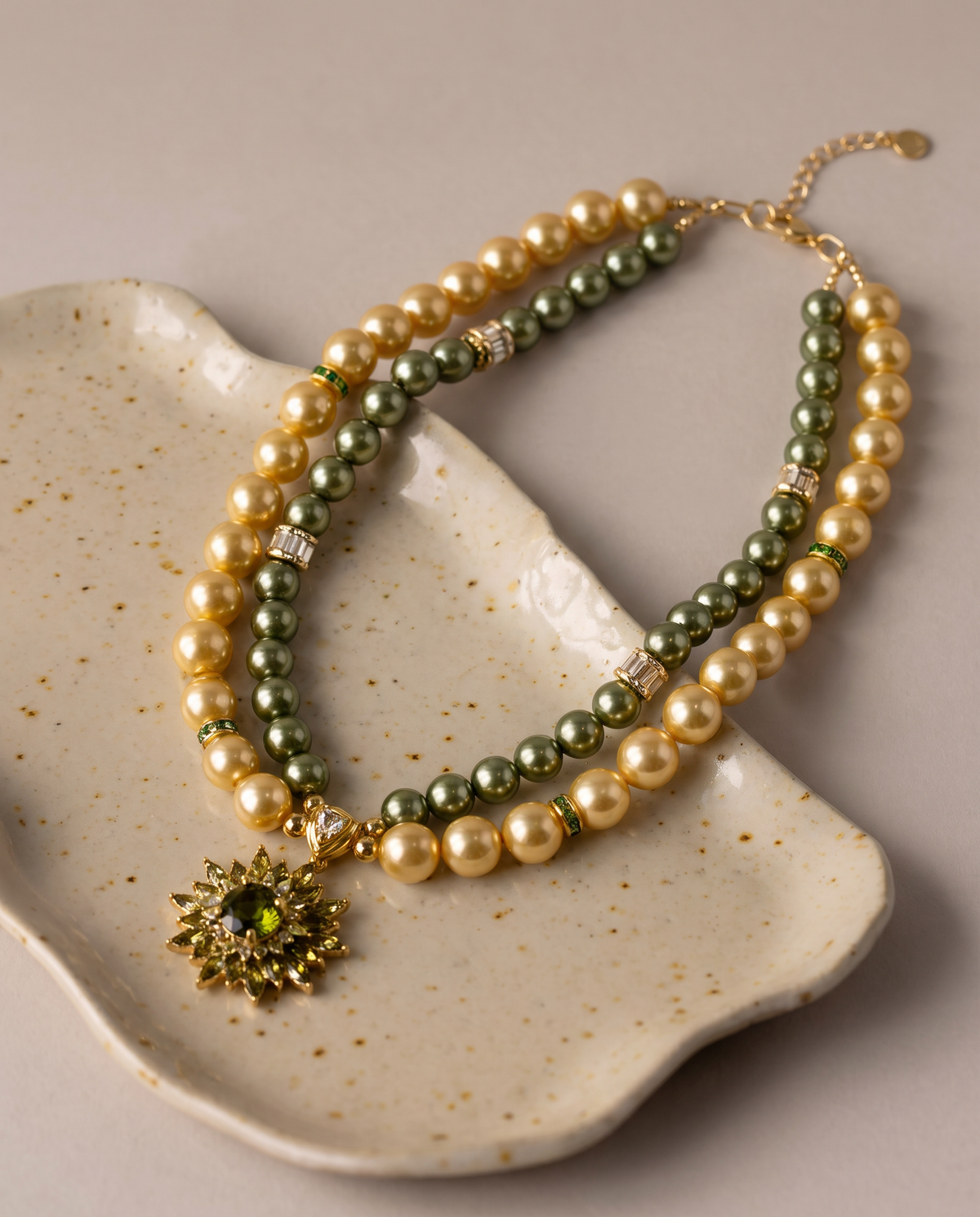 Golden Meadow champagne and olive pearl-effect dog necklace with green floral pendant