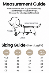 Hardshell Shield dog rain suit short-leg fit size chart with neck, chest and back length measurements