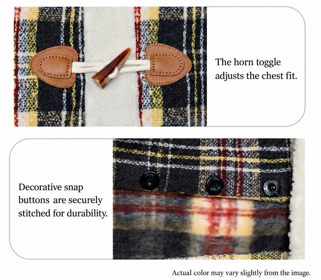 Holiday Cozy Dog Hoodie horn toggle and decorative snap button details