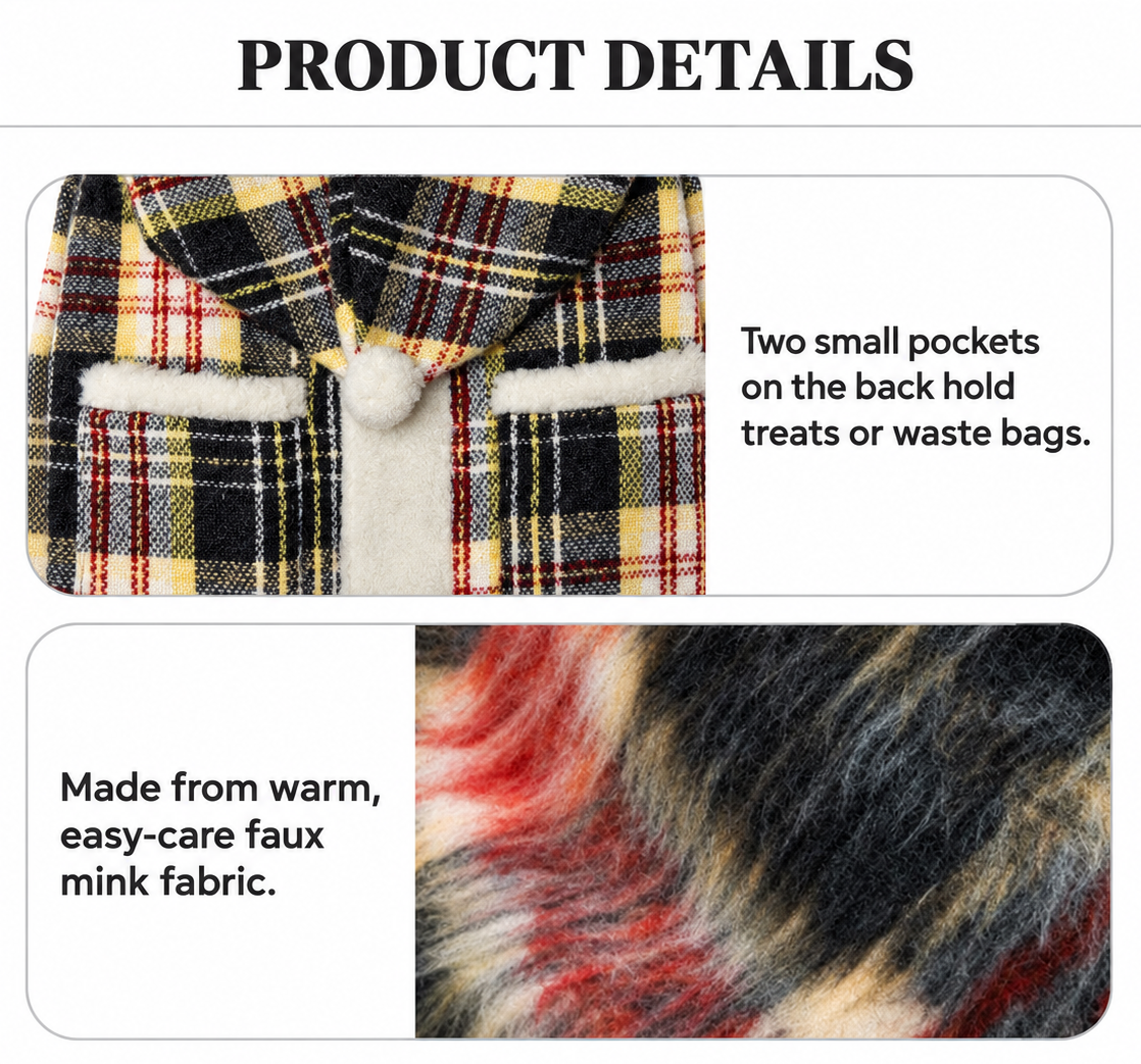 Holiday Cozy Dog Hoodie detail: rear pockets for treats or waste bags and warm faux mink fabric