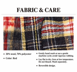 Holiday Cozy Dog Hoodie fabric and care: 30% wool, 70% polyester, red plaid, reversible