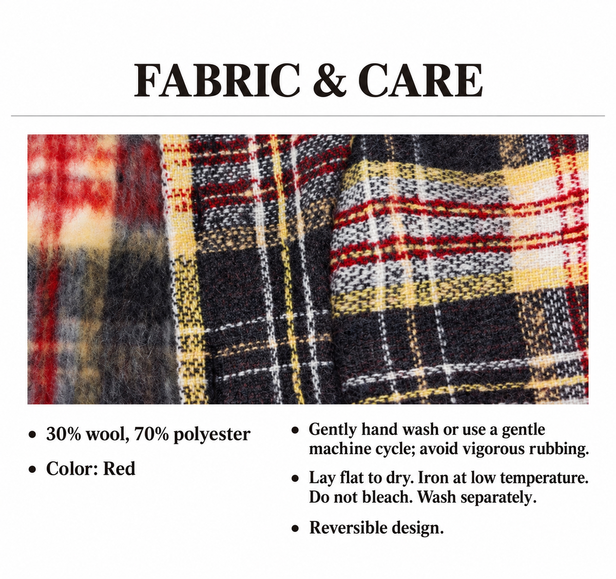 Holiday Cozy Dog Hoodie fabric and care: 30% wool, 70% polyester, red plaid, reversible