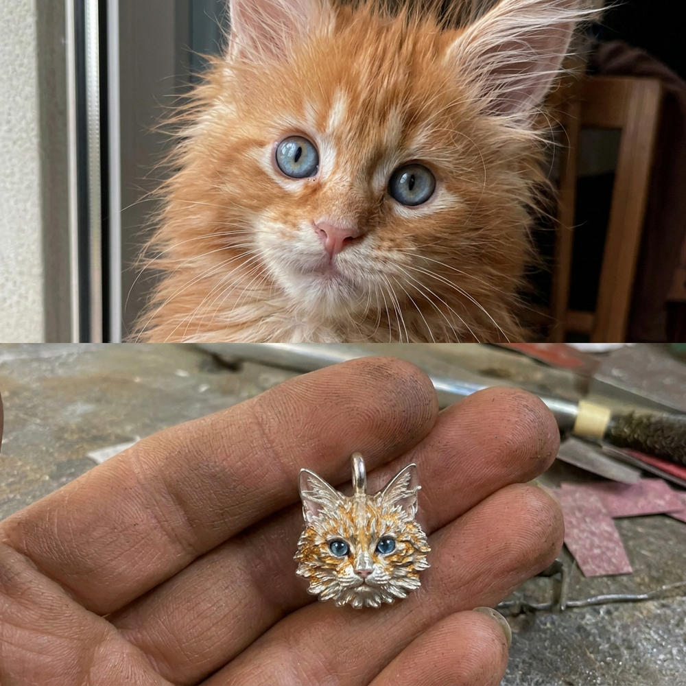 Orange kitten beside a custom handcrafted 925 sterling silver pet portrait charm.