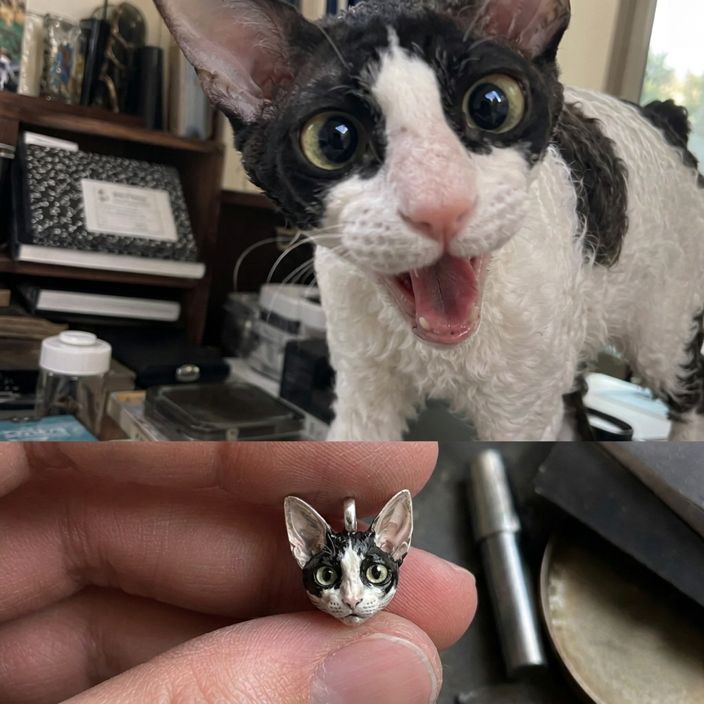Black and white cat beside a custom handcrafted 925 sterling silver pet portrait charm.