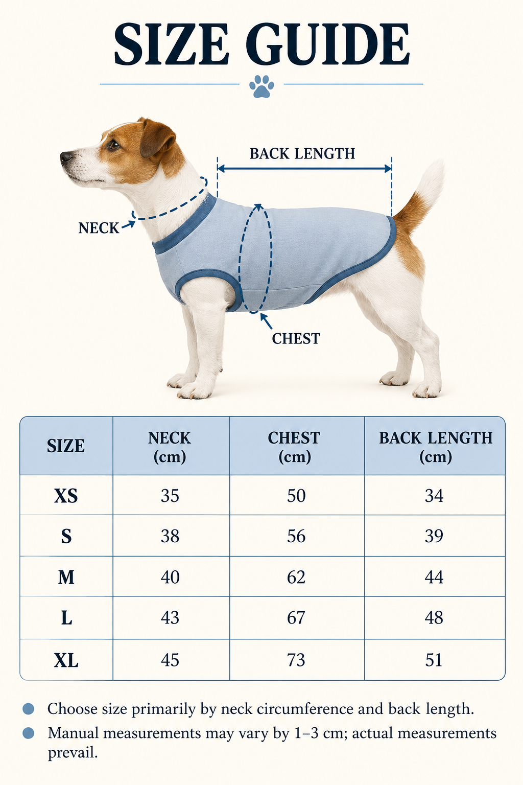 Lake reversible dog suit size guide with neck, chest and back length measurements in centimeters
