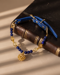 Lapis & Citrine dog collar with natural lapis lazuli and citrine beads, blue strap and gold-tone details