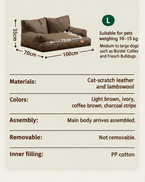 Minimalist pet sofa bed L size dimensions, materials, color options and assembly details