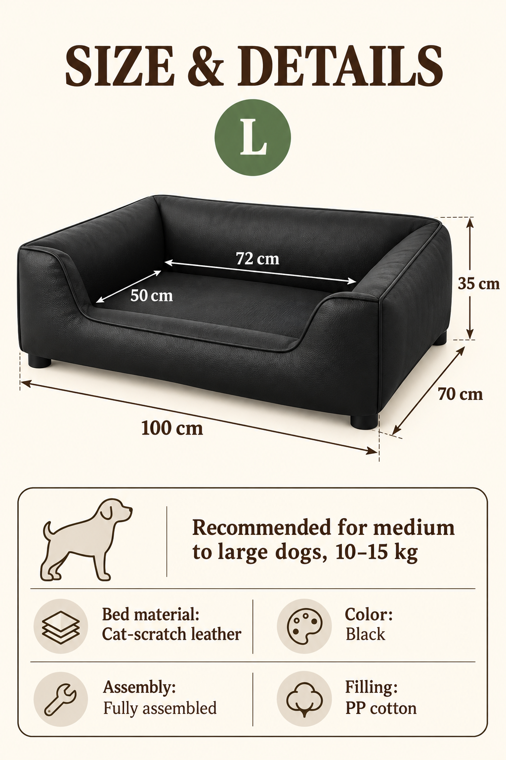 Minimalist Shield sofa bed dimensions and material details in English