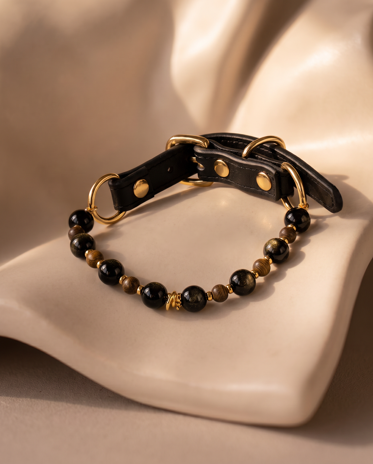 Moonlight Pure Gem black obsidian dog collar with natural stone beads and gold-tone accents