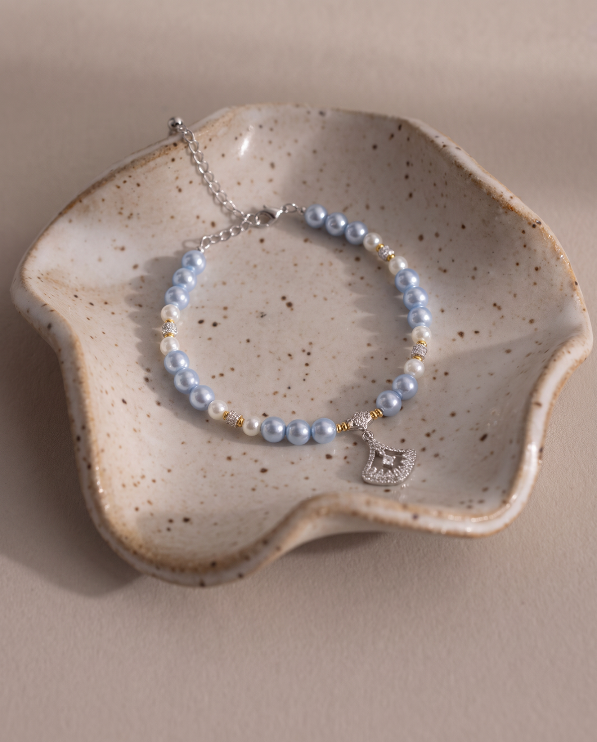 MoonScallop lavender pearl-effect dog necklace with crystal-accented fan pendant